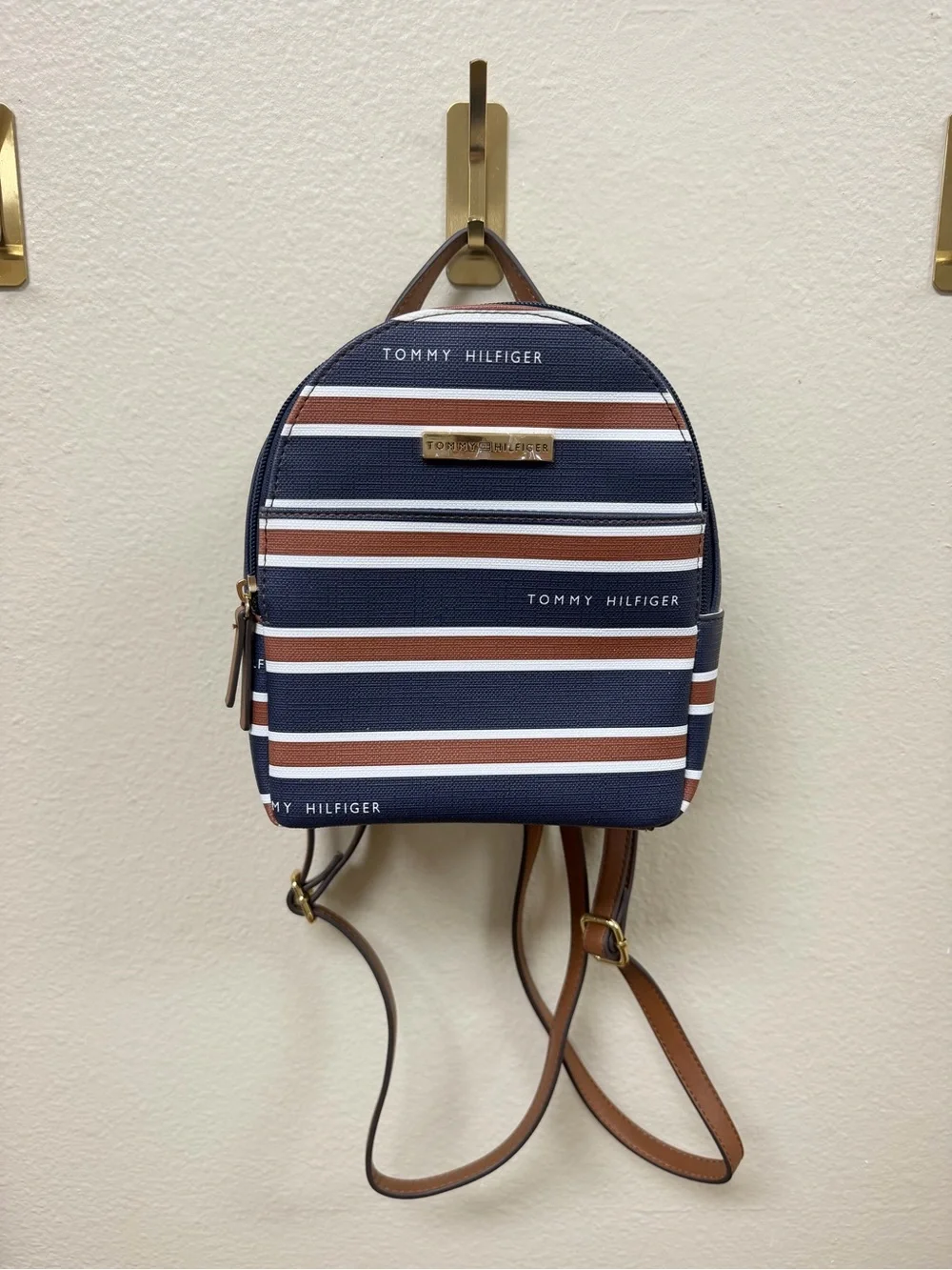 NWOT Tommy Hilfiger Navy, White & Brown Striped Mini Backpack